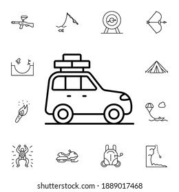 Coche, aventura, historia de icono de vector plano en el paquete de aventura sobre fondo blanco
