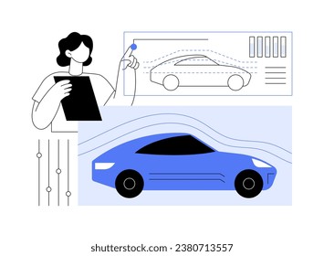 Car aerodynamics testing abstract concept vector illustration. Engineers deals with car wind-tunnel assessment, automotive sector, car manufacturing, vehicle aerodynamics abstract metaphor.