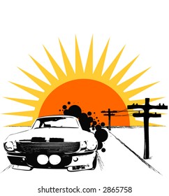car against sunset on the road vector illustration simply can change colors