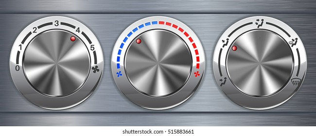Car air conditioner selectors. Chrome round knobs on metal background. Vector illustration