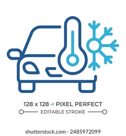 Car air conditioner two color line icon. Climate control. Auto with thermometer and a snowflake bicolor outline symbol. Duotone linear pictogram. Isolated illustration. Editable stroke