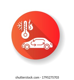 Car air conditioning red flat design long shadow glyph icon. Vehicle interior ventilation, transport heating and cooling system. Automobile with air circulation Silhouette RGB color illustration