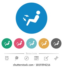 Car air flow direction chest and foot flat white icons on round color backgrounds. 6 bonus icons included.