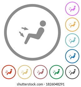 Car air flow direction chest and foot flat color icons in round outlines on white background