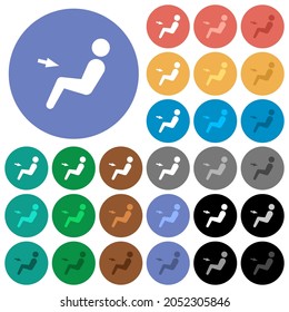 Car air flow direction chest multi colored flat icons on round backgrounds. Included white, light and dark icon variations for hover and active status effects, and bonus shades.