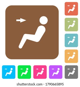 Car air flow direction head flat icons on rounded square vivid color backgrounds.