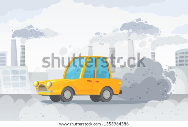 Car air pollution. City road smog, factories\
smoke and industrial carbon dioxide clouds. Vehicle toxic\
pollution, polluted air or environment car waste hazard cartoon\
vector illustration