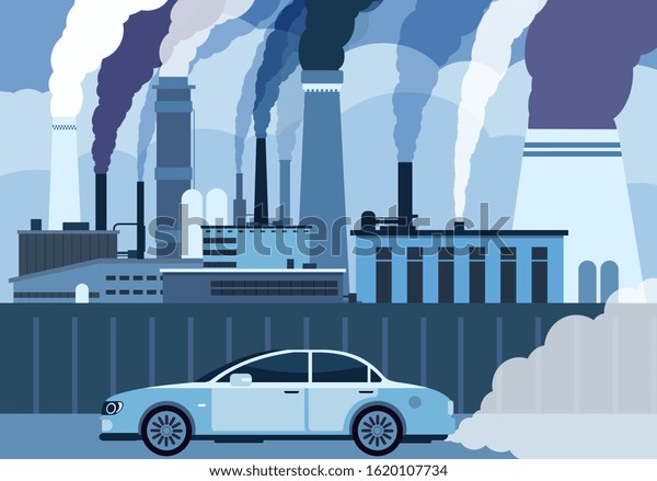 Car air pollution. City road smog, toxic air\
atmosphere contamination. Exhaust chemical carbon car waste,\
industry smoke vector\
concept