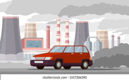 Car Air Pollution. Co2 Emissions By Vehicles And Industrial Factories, City Traffic Smog. Toxic Automobile Exhaust Problem Vector Urban Ecology Concept