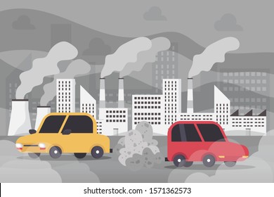 Car Air Pollution, Industry Pollutant, Toxic Fume Road Smoke Clouds City, Industrial Smog, Polluted Environment, Pm 2.5, Exhaust Pipe Vehicle Carbon Dioxide, Cartoon Flat Vector Illustration.