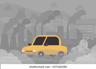 car air pollution, industry pollutant, toxic fume road smoke clouds city, industrial smog, polluted environment, pm 2.5, exhaust pipe vehicle carbon dioxide, cartoon vector flat illustration.