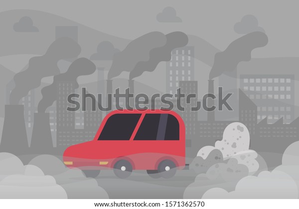 car air pollution, industry pollutant,\
toxic fume road smoke clouds city, industrial smog, polluted\
environment, pm 2.5, exhaust pipe vehicle carbon dioxide, vector\
cartoon flat illustration.