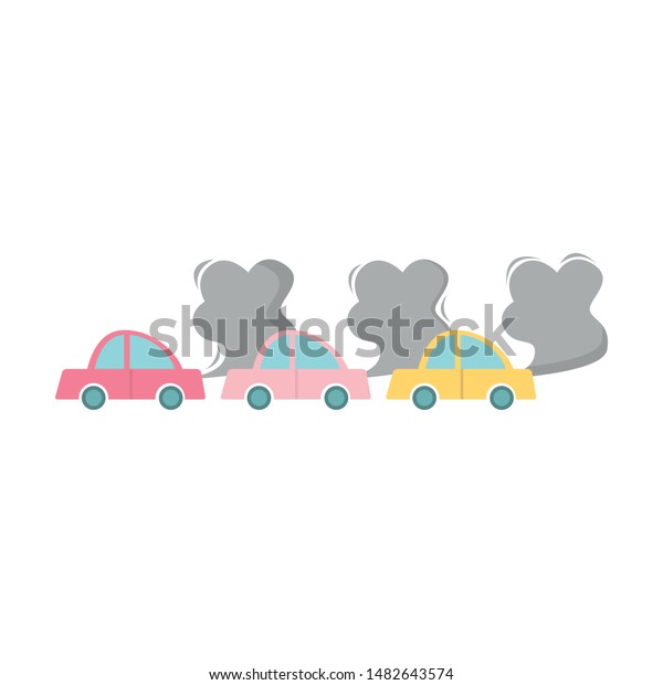 Car air pollution. Raster illustration in\
cartoon style on white\
background
