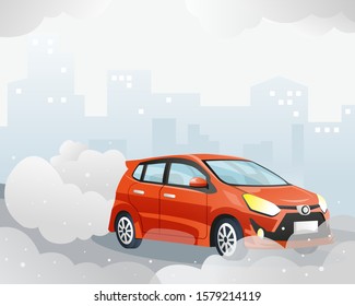 Car air pollution. Smoke from car cover the city and the sky. Vehicle toxic pollution, polluted air vector illustration