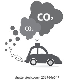 Car air pollution, vector art. Polluted air environment at city and industrial carbon dioxide clouds, Car Exhaust CO2 Black Silhouette Icon. Flat design.