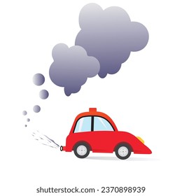Car air pollution, vector art. Polluted air environment at city and industrial carbon dioxide clouds. Flat design.