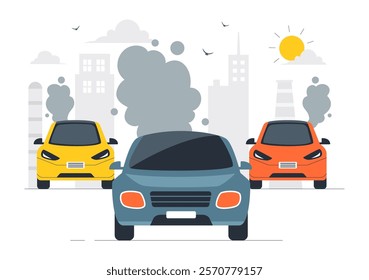 Car Air Pollution Vector Illustration featuring a Polluted Urban Environment, Vehicle Traffic, and Toxic Emissions from Automobiles and Transportation