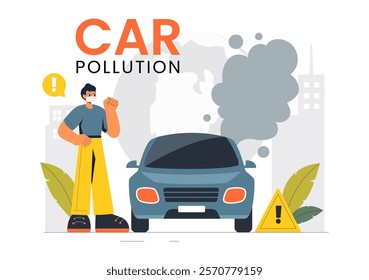 Car Air Pollution Vector Illustration featuring a Polluted Urban Environment, Vehicle Traffic, and Toxic Emissions from Automobiles and Transportation