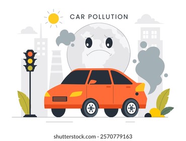 Car Air Pollution Vector Illustration featuring a Polluted Urban Environment, Vehicle Traffic, and Toxic Emissions from Automobiles and Transportation