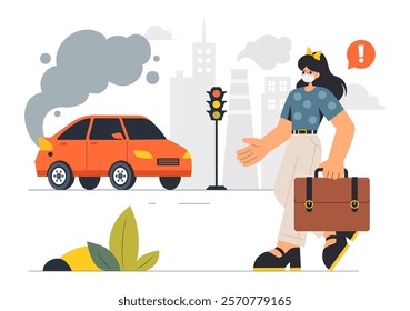 Car Air Pollution Vector Illustration featuring a Polluted Urban Environment, Vehicle Traffic, and Toxic Emissions from Automobiles and Transportation