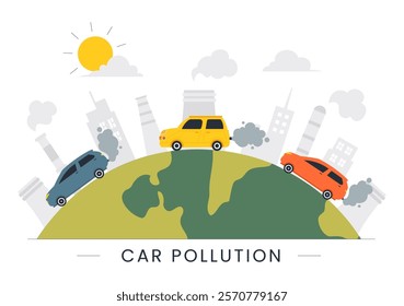 Car Air Pollution Vector Illustration featuring a Polluted Urban Environment, Vehicle Traffic, and Toxic Emissions from Automobiles and Transportation