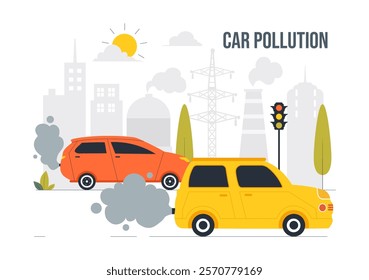 Car Air Pollution Vector Illustration featuring a Polluted Urban Environment, Vehicle Traffic, and Toxic Emissions from Automobiles and Transportation