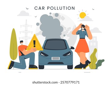 Car Air Pollution Vector Illustration featuring a Polluted Urban Environment, Vehicle Traffic, and Toxic Emissions from Automobiles and Transportation