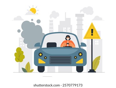 Car Air Pollution Vector Illustration featuring a Polluted Urban Environment, Vehicle Traffic, and Toxic Emissions from Automobiles and Transportation