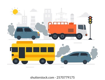 Car Air Pollution Vector Illustration featuring a Polluted Urban Environment, Vehicle Traffic, and Toxic Emissions from Automobiles and Transportation