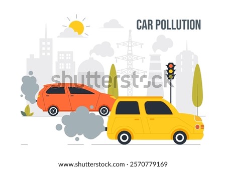 Car Air Pollution Vector Illustration featuring a Polluted Urban Environment, Vehicle Traffic, and Toxic Emissions from Automobiles and Transportation
