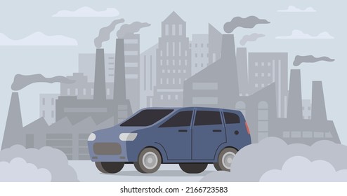 Car air pollution.Road smog.Industrial carbon dioxide cloud. Polluted air environment at city.Atmospheric pollution.Bad urban environment.Contamination problem.Vector flat illustration.