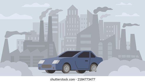 Car air pollution.Road smog.Industrial carbon dioxide cloud. Polluted air environment at city.Atmospheric pollution.Bad urban environment.Contamination problem.Vector flat illustration.