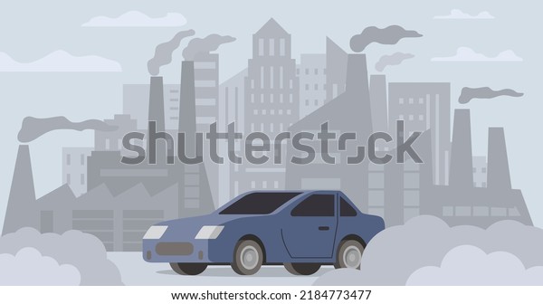 Car air pollution.Road smog.Industrial\
carbon dioxide cloud. Polluted air environment at city.Atmospheric\
pollution.Bad urban environment.Contamination problem.Vector flat\
illustration.