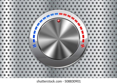 Car air temperature selector. Cold and hot air flow switch on metal perforated background. Vector illustration