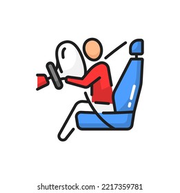 Car airbag sign isolated color line icon. Vector vehicle crash with passenger on seat with life belt, safety drive and transportation symbol