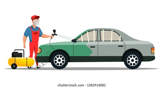 Car airbrush painting service and auto body repair process. Automotive workshop. Professional repairman with paint spraying gun at work. Vector cartoon flat illustration isolated on white