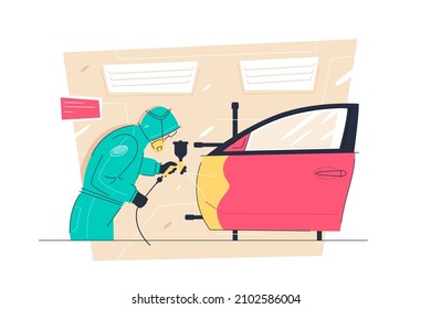 Car airbrush painting service and auto fix process vector illustration. Mechanic apply yellow paint flat style. Automotive workshop concept