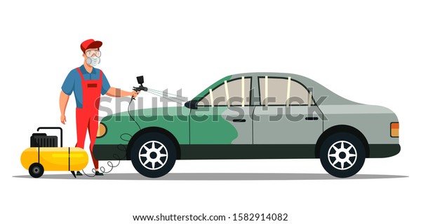 Car\
airbrush painting service and auto body repair process. Automotive\
workshop. Professional repairman with paint spraying gun at work.\
Vector cartoon flat illustration isolated on\
white