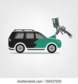 Car airbrush painting. Vector illustration of a car body repair process. Automotive concept useful for a pictogram, icon, logotype or signboard design. Transportation image in gray and green colors.