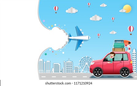 car and Airplane aerial with  check in point travel around the world concept on Background Design. blank space for text and content paper art, vector, banner, Card, Poster,
