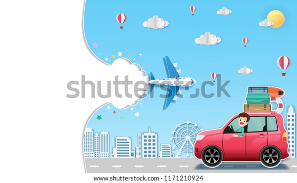 car and\
Airplane aerial with  check in point travel around the world\
concept on Background Design. blank space for text and content\
paper art, vector, banner, Card,\
Poster,\
