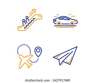 Car, Airplane and Escalator icons simple set. Paper plane sign. Transport, Plane, Elevator. Airplane. Transportation set. Linear car icon. Colorful design set. Vector