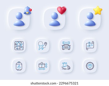 Car, Airplane and Parcel tracking line icons. Placeholder with 3d bell, star, heart. Pack of Metro map, Handbag size, Delivery notification icon. Gas cylinder, Map pictogram. Vector