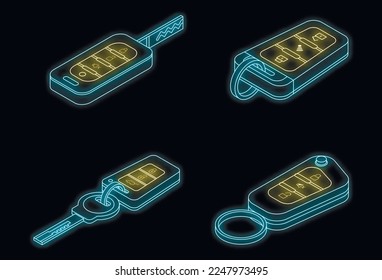 Car alarm system icons set. Isometric set of car alarm system vector icons neon isolated on black background