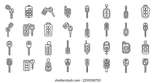 Car alarm system icons set outline vector. Car key. Fob chain