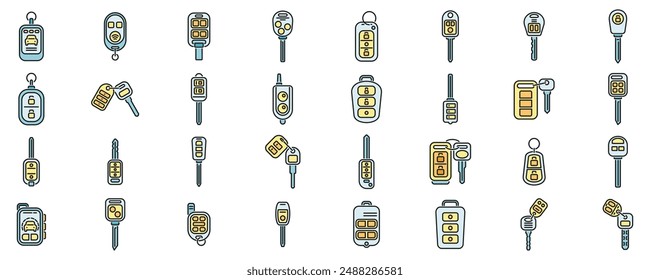 Los iconos del sistema de alarma del coche establecen el Vector de contorno. Llave del coche. Linea delgada de la cadena del fob color plano en blanco