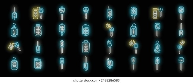 Los iconos del sistema de alarma del coche establecen el Vector de contorno. Llave del coche. Color de la cadena del fob en negro