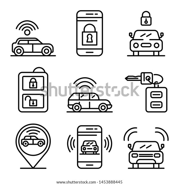 Car\
alarm system icons set. Outline set of car alarm system vector\
icons for web design isolated on white\
background