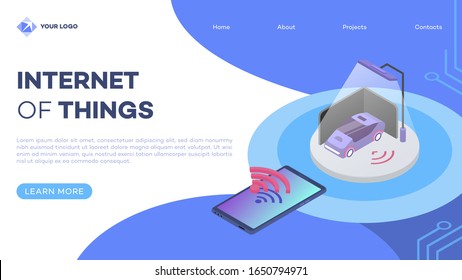 Car alarm system remote control landing page vector template with isometric illustration. Transport safety monitoring. Vehicle smart security system. Website interface design. Webpage 3d concept