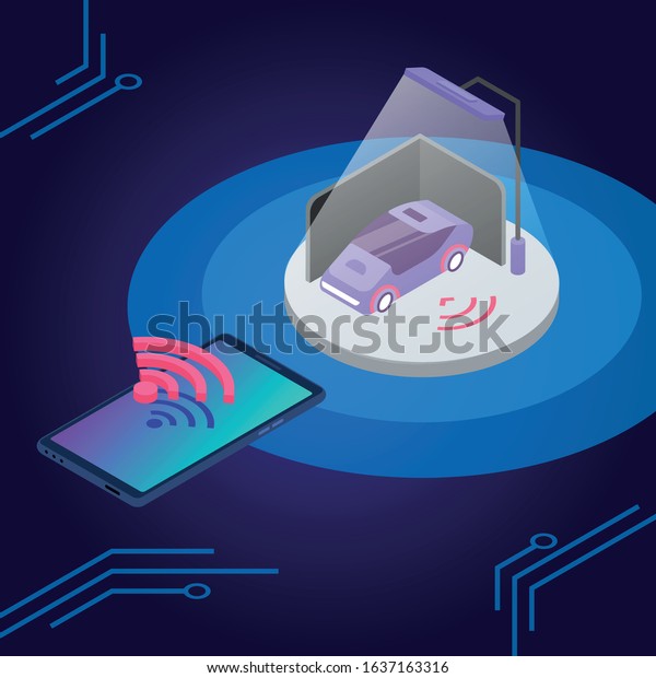 Car alarm system remote control isometric\
color vector illustration. Transport safety monitoring smartphone\
application. Vehicle smart security system 3d concept isolated on\
blue background